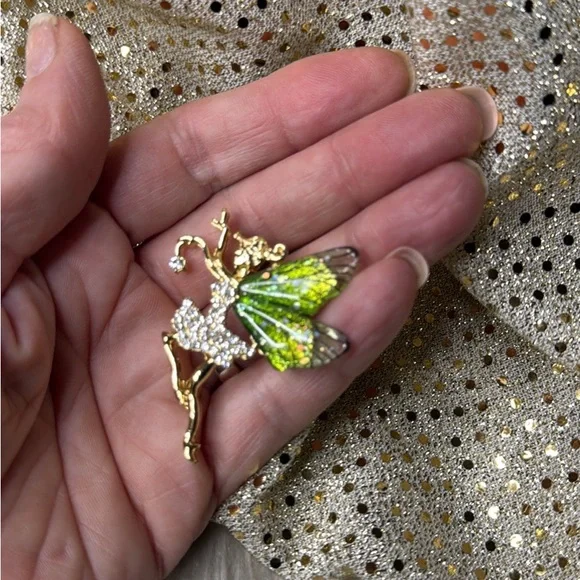 Gold Green Fairy Brooch Pin New - Picture 2 of 3